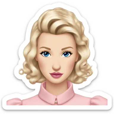 girl blonde hair pale skin blue eyes. Pink lips blush Smokey eye skinny nose small Bella hadid upturned eyes (but not too much). Vintage blowout with long hair not too curly.  light pink dress, puffed sleeves, dainty choker necklace.  sticker