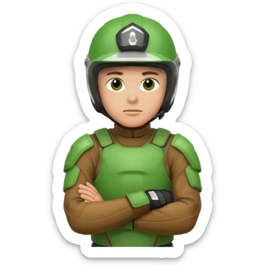 dirtbike rider in green gear with arms crossed, and thinking sticker