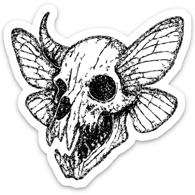 detailed but heavily distressed red line art of twisted minotaur-stoat skull hybrid with broken horn and glaring eye, intricate deteriorating moth wings, complex bone textures, asymmetrical features, extensive weathering with scratches and eroded sections, some transparent areas amid detailed horror elements, unnerving and ancient appearance, 100% red sticker