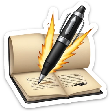 pen writing on a page with a glowing spark sticker