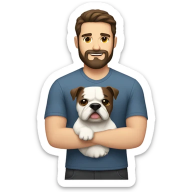 White man with dark brown hair and dark brown beard holding white bulldog  sticker