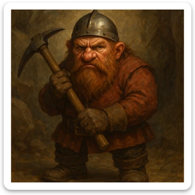 a grumpy dwarf holding a pickaxe in a fantasy style sticker