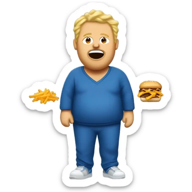 fat blonde man in dirty blue sweatsuit with chili cheese fries in his mouth sticker