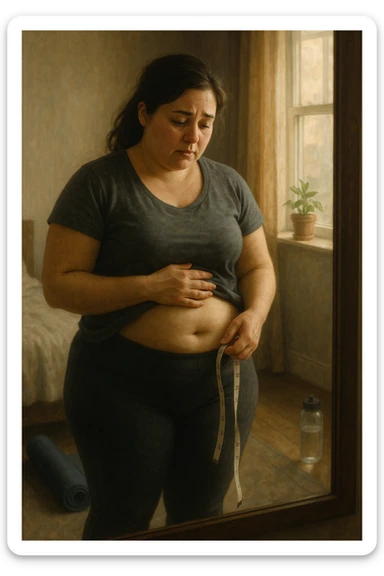 A realistic, cinematic illustration of a woman in her early 30s with a slightly rounded body shape, standing in front of a mirror in a softly lit bedroom, looking at her reflection with a thoughtful, slightly discouraged expression. She is wearing comfortable home workout clothes, holding a tape measure in one hand loosely, while her other hand gently touches her belly area, showing her frustration with slow weight loss progress. The room is cozy, with natural light filtering in, a yoga mat rolled up in the corner, a water bottle, and a small plant on the windowsill. The scene captures the emotional struggle and quiet determination of a woman facing difficulties in losing weight despite her efforts, with warmth and dignity. sticker