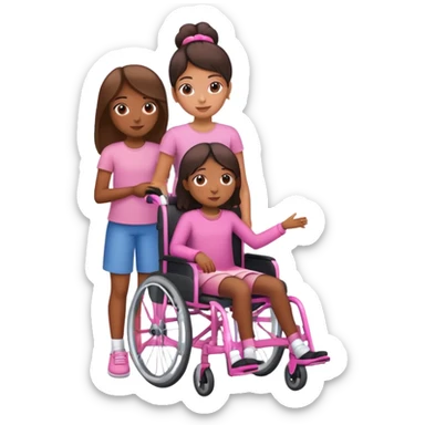 One tan skin sister standing behind her brown skin sister in a pink wheelchair sticker