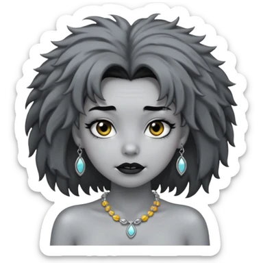 Female with very big Silver Necklace, grey skin,Black full fuzzy hair, more bright silver,highlight necklace, different expressions. sticker