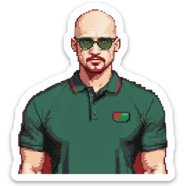 muscular bald man with a red chin goatee, wearing a dark green polo shirt and dark green glasses sticker