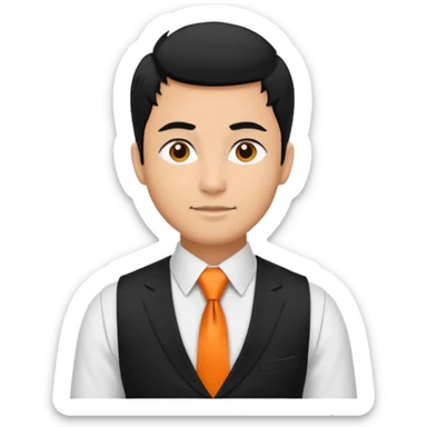 groom in white vest, orange tie, black hair sticker