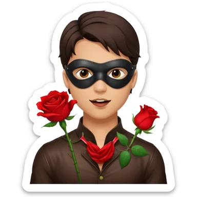 brunette young adult man with leather eye mask and leather halter neck blouse, holding rose with his mouth sticker