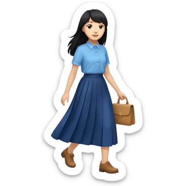 hair : black long hair with fringe 
skin : light 
cloth : oversize light blue shirt + navy long long skirt 
motion : walking  sticker