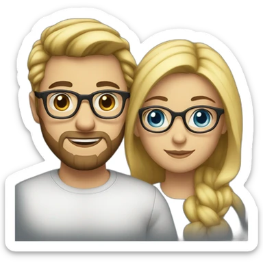 Couple in love. She has blue eyes and wears glasses, has DARK Hair. He has short blond hair, three-day beard and wears glasses. sticker
