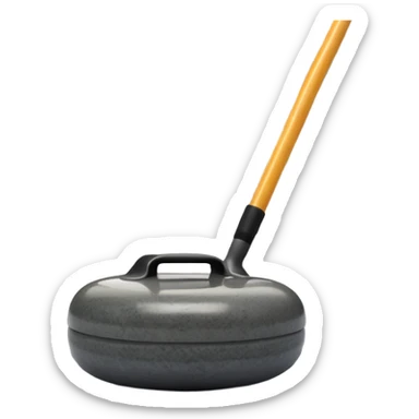An icon showing a detailed close-up of a curling stone sliding across the ice, with a broom in motion beside it. The background features an indoor stadium with cheering spectators on the stands. Transparent background captures the strategy and focus of curling. sticker