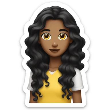 A girl with long wavy blak hair, thick eyebrows, long eye lashs with yellow-white skin sticker