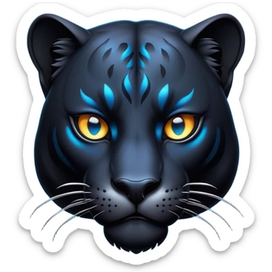 Cinematic Noble Panther Portrait Emoji, Poised and regal, with a sleek, muscular build draped in glossy, midnight-black fur and piercing, luminescent eyes, Simplified yet sharp and sophisticated features, highly detailed, glowing with a soft, mysterious glow, high shine, intelligent and enigmatic, stylized with an air of stealthy authority, focused and commanding, soft glowing outline, capturing the essence of a watchful and confident jungle guardian that appears ready to prowl out of the screen with effortless authority! sticker