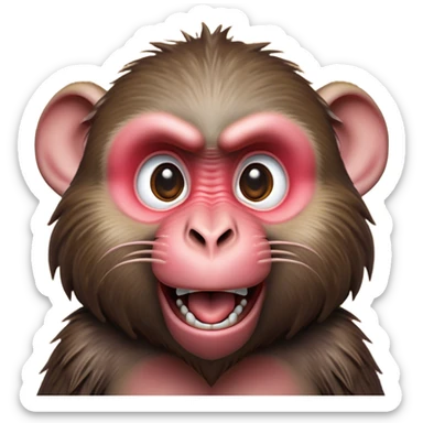 Cinematic Comical Baboon Portrait Emoji, Head tilted dramatically with an exaggeratedly amused expression, featuring a strikingly textured Fur of deep browns with wide, expressive eyes filled with playful disbelief, Simplified yet hilariously expressive features, highly detailed, glowing with a slightly sassy glow, high shine, dramatic yet playful, stylized with an air of cheeky mischief, bright and endearing, soft glowing outline, capturing the essence of a spirited and over-the-top baboon, so meme-worthy it feels like it could chatter its way into internet fame instantly! sticker