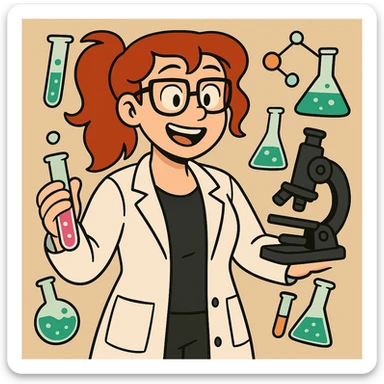 Add chemical accessories such as test tubes, flasks, a microscope, and molecules around the red-haired chemistry professor in a modern cartoon style. sticker