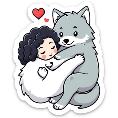 Black curly hair white skin girl hugging one big wolf with hearts above them sticker