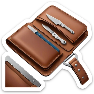 Leatherworking icon, piece of raw leather being crafted into a leather wallet or belt, professional tools like leather stitching awl, edge beveler, hammer, prying tool, minimalistic style, clean lines, transparent background. sticker