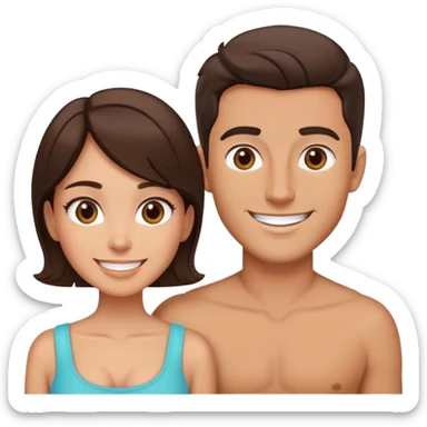 Attractive brunette man and woman with tan skin from chest up, smiling at camera sticker
