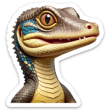 Cinematic Comical Monitor Lizard Portrait Emoji, Head tilted dramatically with an exaggeratedly shocked expression, featuring a robust, patterned body with wide, comically expressive eyes full of humorous disbelief, Simplified yet hilariously expressive features, highly detailed, glowing with a slightly sassy glow, high shine, dramatic yet playful, stylized with an air of quirky reptilian attitude, soft glowing outline, capturing the essence of a meme-worthy monitor lizard that looks ready to side-eye its way into viral fame! sticker