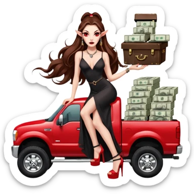 Lilith symbol red eye seductress evil long brown haired sexy succubus woman. Wearing Chanel  long dress with slit, sitting on top of a  giant lifted F350 pickup truck. Black Platform heels on feet. Back of truck full of stacks of cash, sitting behind her is  ahold stacks sticker
