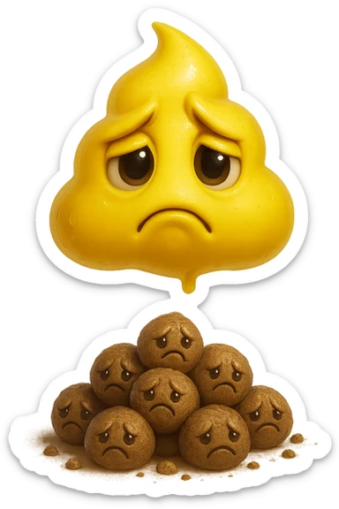 emoji stile iphone di una cacca giallina e liquida con espressione triste, sopra una montagnetta di feci a palline con espressione triste, iperrealistico 4k, isolato su sfondo bianco sticker