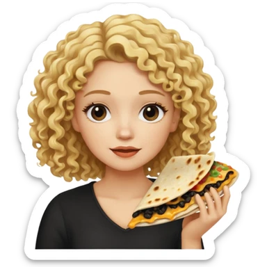 mujer con pelo rubio rizado comiendo quesadillas quemadas negras  sticker