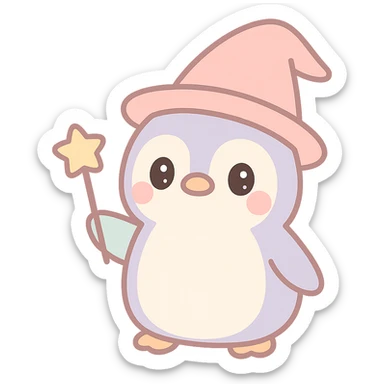 cute penguin wizard, soft colors, magical hat, holding a wand sticker