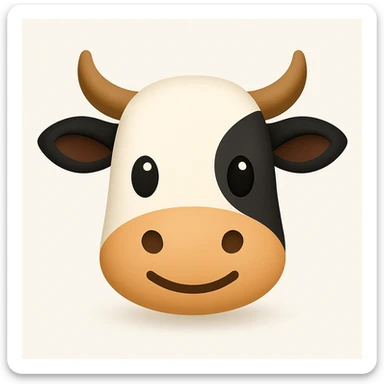 Create a simplified, friendly cow face emoji similar to the reference image. The emoji should have black and white markings and horns, with a soft shadow added under the face, in a simplified emoji-like style. sticker