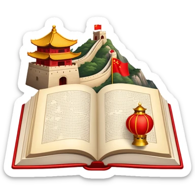 An icon featuring the Great Wall of China and the flag of China, symbolizing the Chinese language. The design includes an open book with Chinese characters and a red lantern, representing language learning and rich cultural tradition. Transparent background highlights the depth of Chinese heritage. sticker