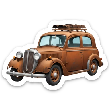 Side view of a broken-down old car with steam from the bonnet, shattered windows, rusted doors, a flat tire, dents, peeling paint, and a grimy, neglected look. sticker