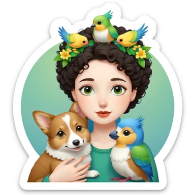 Dark short curly hair with pale skin and thin eyebrows girl hugging a welsh corgi. And a green-reddish lovebird on her head with yellow, blue love birds around her. sticker