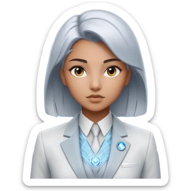 Artemis, A sleek female avatar with a focused, forensic gaze, wearing a minimalist white and silver tailored suit accented with moonlight blue. She is analyzing a transparent holographic interface displaying complex global sovereign credit data. sticker