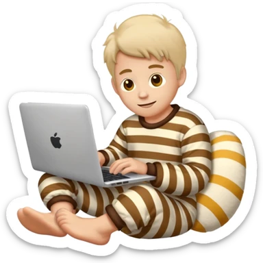 man in striped pajamas and fuzzy slippers typing on a laptop, emoji style sticker