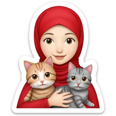 Asian White girl wearing red hijab holding a black grey tabby cat while smiling sticker