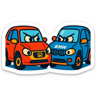 Honda and BMW cars in a fun face-off, vibrant colors sticker