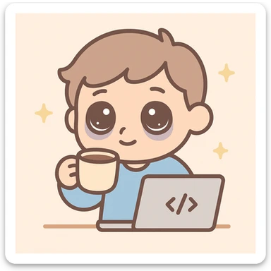 tired programmer with dark circles under his eyes drinking coffee, cute cartoon style sticker