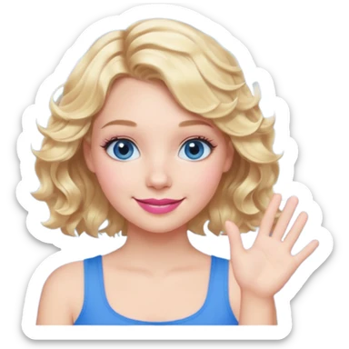 Girl Blonde short wavy hair,  blue eyes, cute blue top, long lashes, pink lips, smiling, one hand 🤷🏼‍♀️  sticker