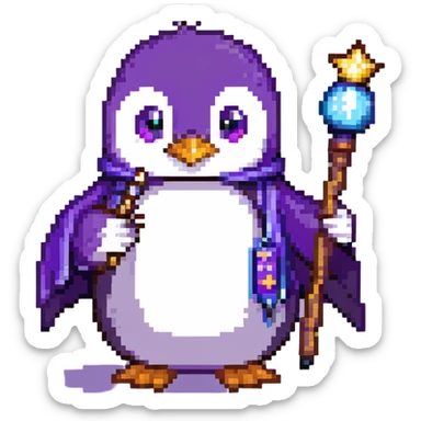 penguin wizard with a purple robe and magic wand sticker