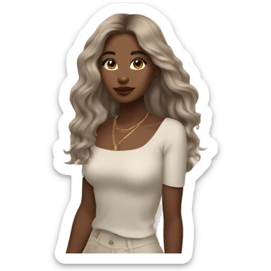 An aesthetic girl photographer, wearing off white classy outfit, her skin tone is light and hair color is ash brown. Hair style is beach waves. The hair is mid length and straight  sticker