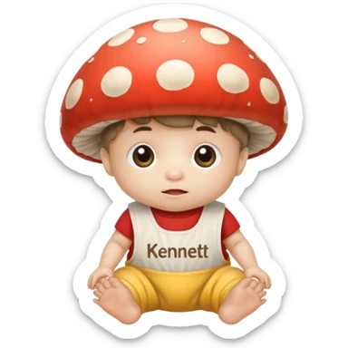 a human baby mushroom crawling with the work kennett on his bib sticker