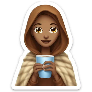 i want the emoji that’s the girl in the blanket holding a hot beverage, i want her to have reddish brown hair and freckles and blue eyes sticker
