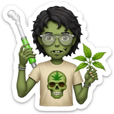 black wavy haired zombie getting stoned with weed t shirt and bong on his hand and wearing chrome hearts glasses sticker