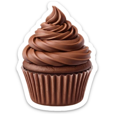 cupcake with brown chocolate frosting and a chocolate curl sticker