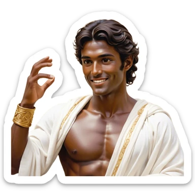 Cinematic Realistic Hercules Portrait, head tilted playfully and inquisitively, capturing the spirit of a timeless Greek hero with a warm, inviting smile. His bronze, marble-like skin and thick, wavy dark hair are rendered with classical precision, while his flowing white robe with delicate golden embellishments accentuates his muscular form. Soft natural light brings out the playful yet powerful essence of this legendary figure. sticker