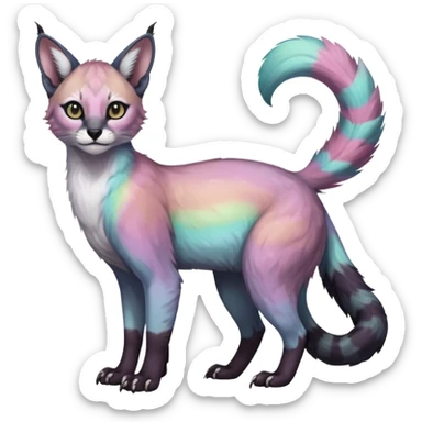 Colorful dark tropical pale light fruity pastel white glorious iridescent divine exotic cute cool beautiful beautiful fantasy-caracal-civet-genet-sergal-vernid-Gryphon-Cacomistle-Trico-oncilla-animal-Fakémon-hybrid-fursona (full body) sticker