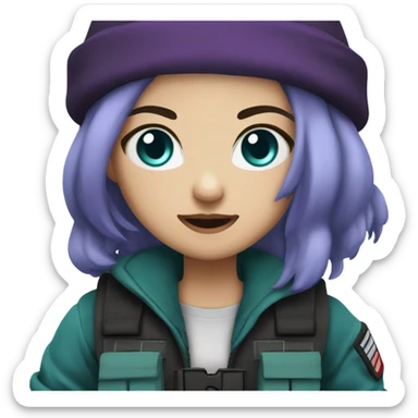 Girl, white skin, tactical vest, dark pants, long teal hair, blue eyes, black purple beanie hat, knife, black combat boots sticker