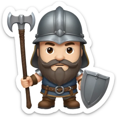 gimli the dwarf, dark brown beard, gray metal helmet, battle axe sticker