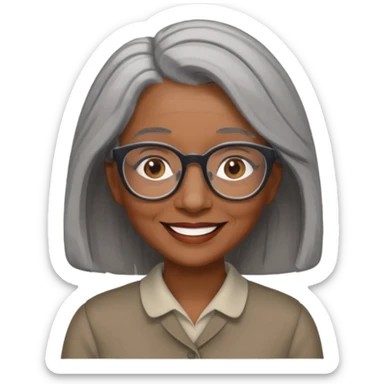 Older woman of color with gray shoulder length  hair and glasses and smiling sticker