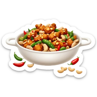 Cinematic Realistic Kung Pao Chicken Dish Emoji, showcasing spicy, stir‚Äêfried chicken with peanuts and vegetables rendered with dynamic textures and vibrant lighting. sticker